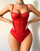 Red sheer corset bodysuit with underwire cups and corset-panel front