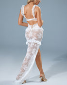 Sheer floral lace long dress with high slit and ruffle tiers, white, back view