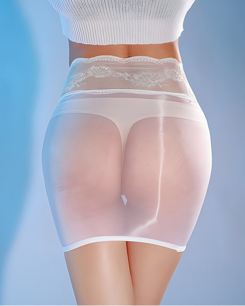 White sheer mini skirt with floral lace waistband and smooth panels