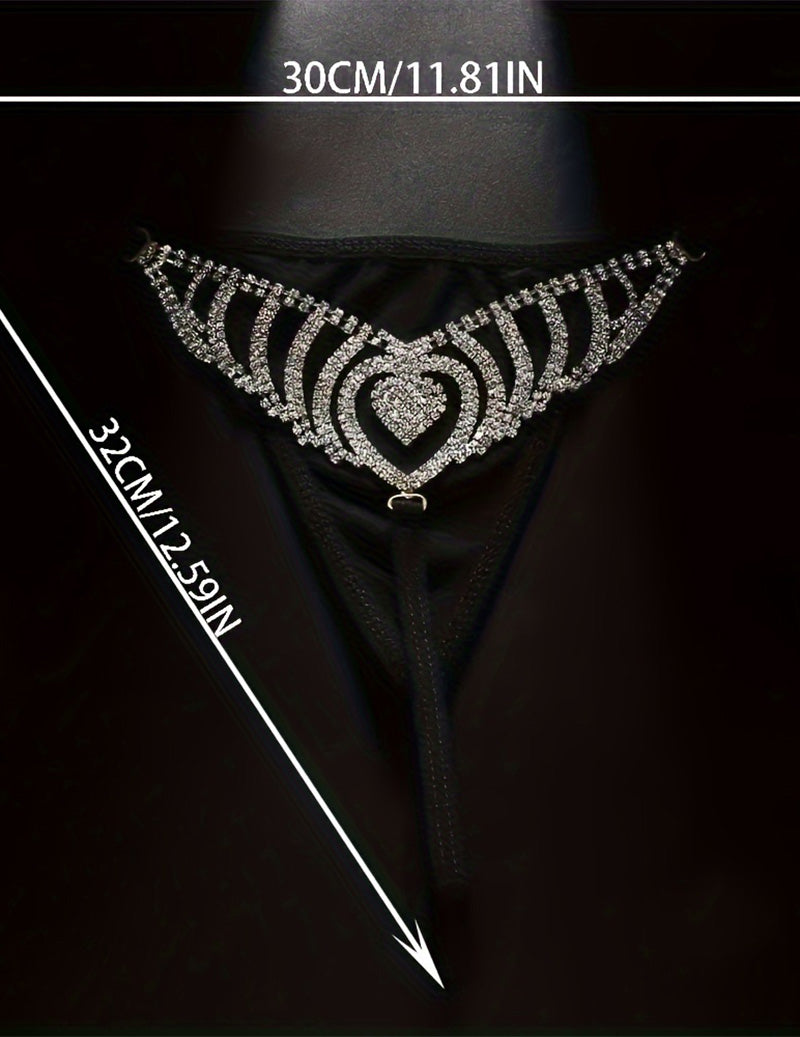 Black rhinestone heart waist chain thong with centered heart crystal design