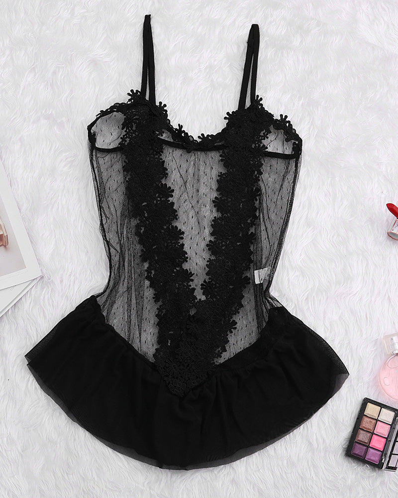 Black sheer lace corset-style bodysuit with floral appliques and ruffle hem