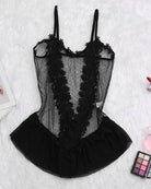 Black sheer lace corset-style bodysuit with floral appliques and ruffle hem