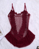 Wine red sheer lace bodysuit with floral appliques and ruffle hem, laid flat