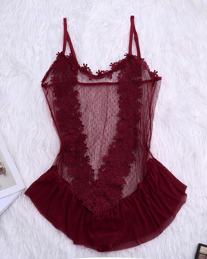 Wine red sheer lace bodysuit with floral appliques and ruffle hem, laid flat