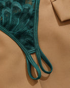 Teal lace crotchless thong back with crisscross strap ties
