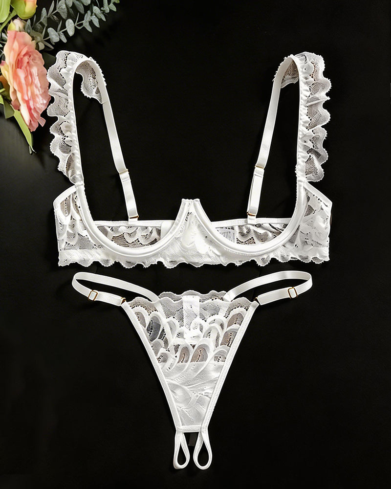 White lace cupless bra and crotchless thong set with scalloped ruffle edges