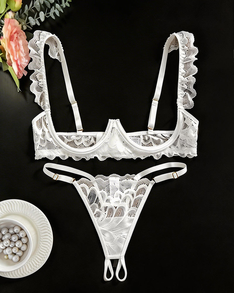 White lace cupless bra and crotchless thong set with ruffle straps and adjustable garters