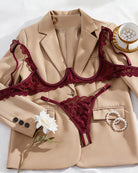 Wine red lace cupless bra and crotchless thong set with scalloped ruffle trim