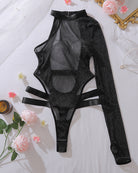 Black sheer sparkle crotchless bodysuit with high neck, long sleeves, and hip cutouts