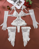 White lace bodysuit set with long gloves and ruffled stockings laid flat