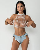 Light blue denim belted frayed-edge panties with metal buckle belt and frayed leg hems