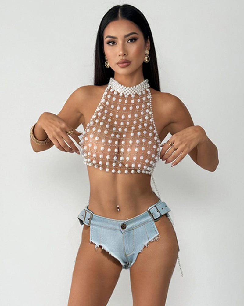 Light blue denim belted frayed-edge panties with metal buckle belt and frayed leg hems