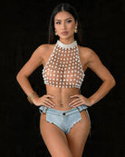 White pearl beaded halter crop top with high neckline