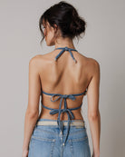 Blue denim halter crop top, crisscross back ties and fringed layered star panels