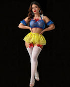 Blue sheer halter bra with red bows, yellow tutu skirt, white stockings, arm ruffles