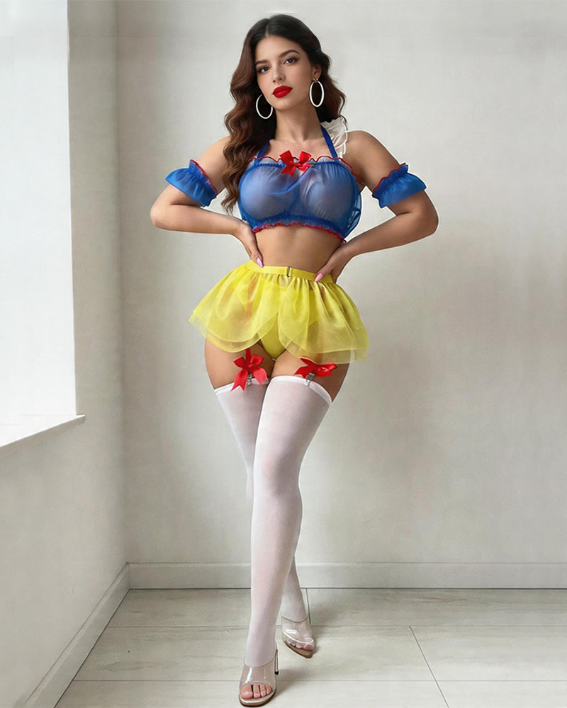 Blue sheer halter bra with red bows, yellow tutu skirt, white thigh-high stockings