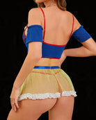 Blue crop top and yellow tutu skirt with white lace trim, showing open back