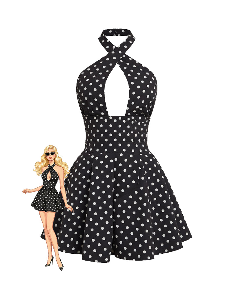 Black polka dot halter mini dress with front keyhole cutout and swing skirt