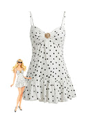 White polka dot halter mini dress with ruched bust and ruffled hem tiers