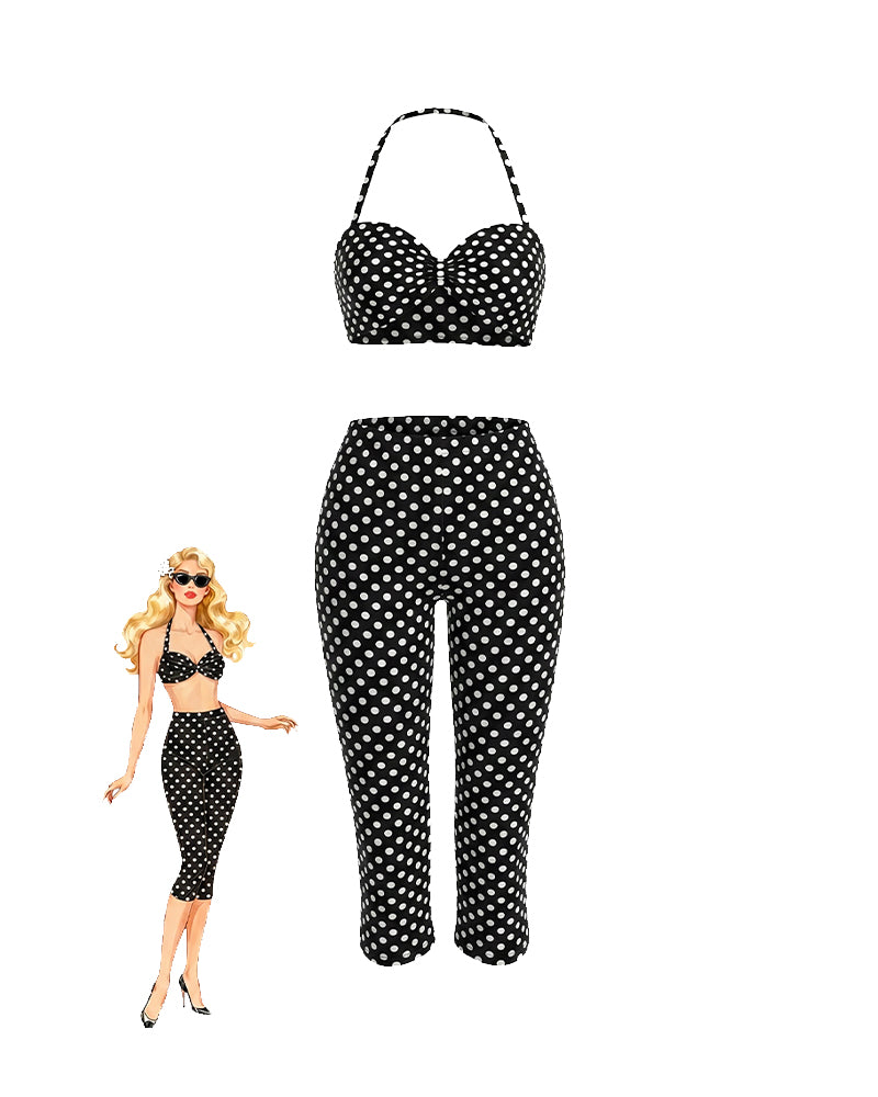 Black polka dot halter crop top and high-waist capri pants set, flat lay front
