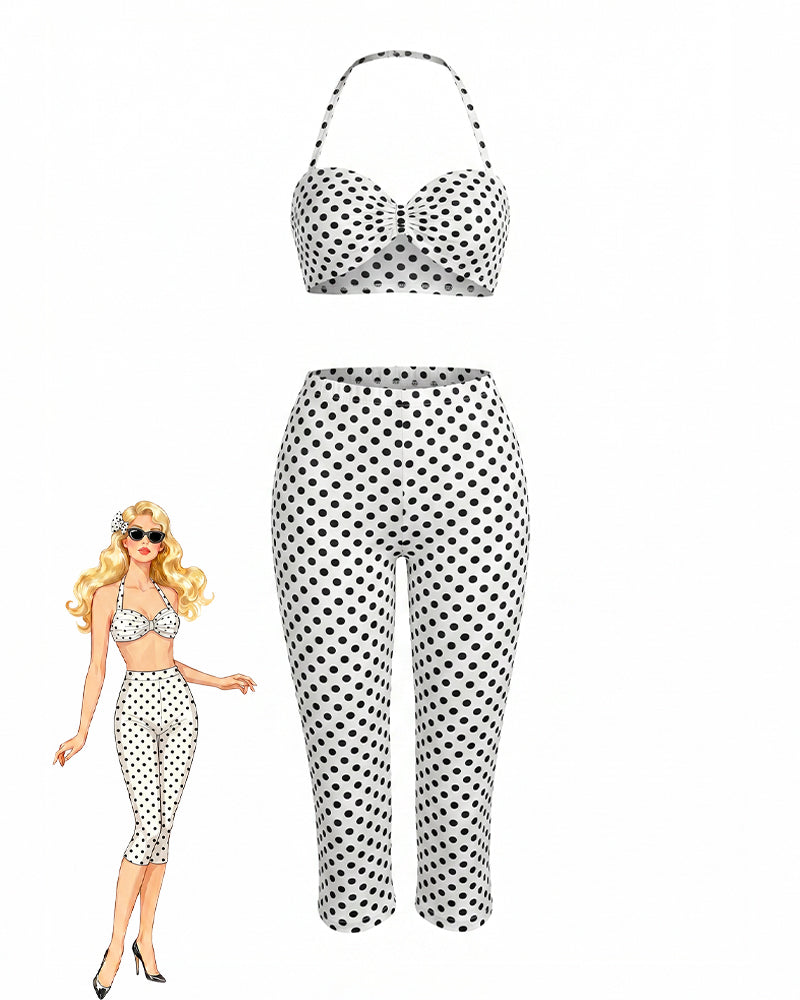 White polka dot halter crop top and high-waist capri pants set, front view