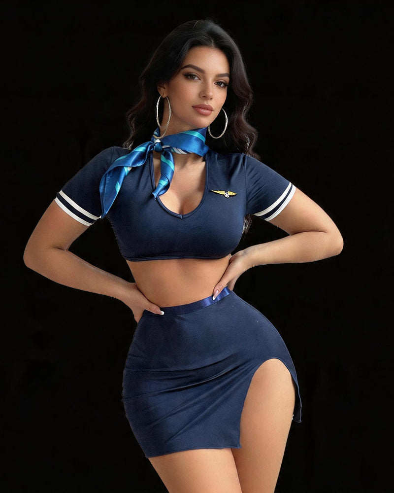 Navy lingerie set: crop top with neck scarf and mini skirt, side-slit