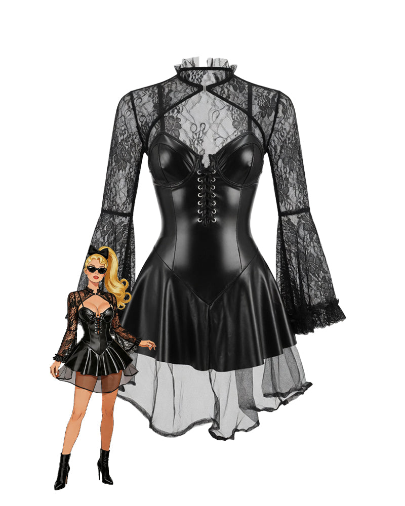 Black faux leather corset mini dress with long lace sleeves and lace shrug