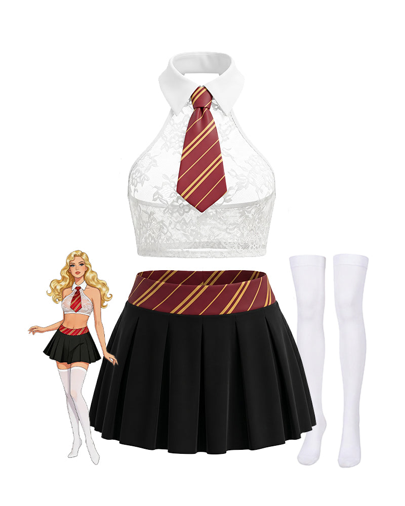 White lace halter crop top with red striped tie, black pleated mini skirt, white stockings