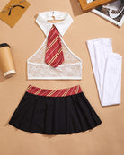 White lace halter crop top with red striped tie, black pleated mini skirt, paired white stockings