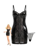 Black faux leather mini dress with lace corset panel and zip front, spaghetti straps