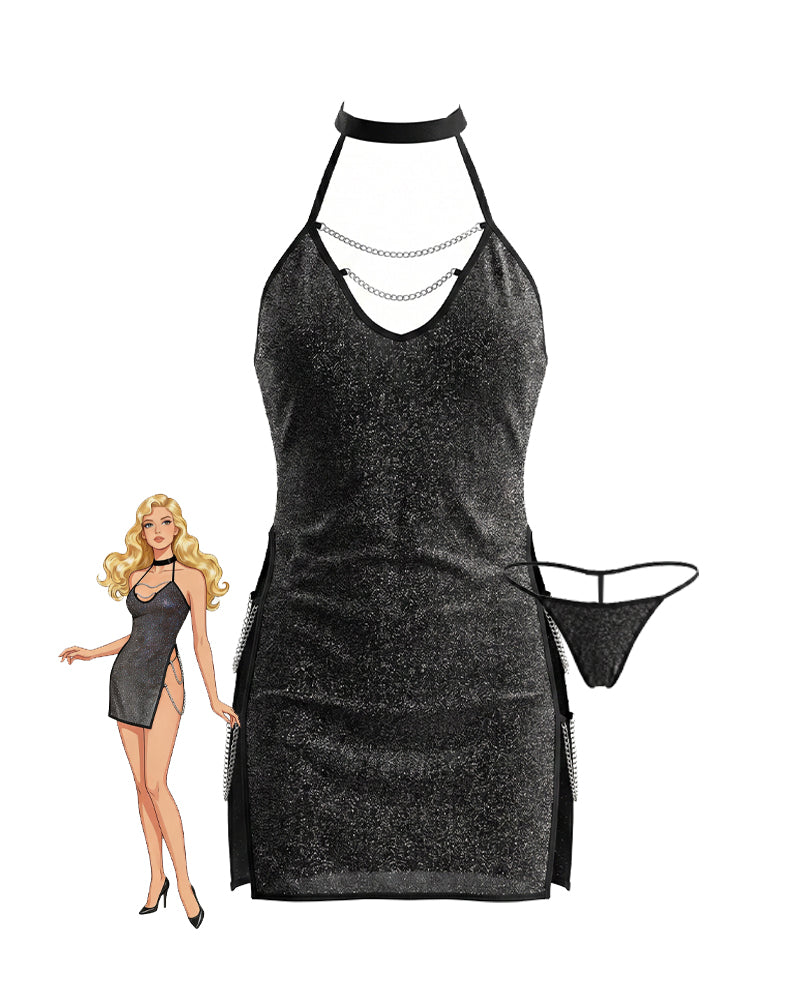 Black glitter halter chain mini dress with V-neck and open back cutouts