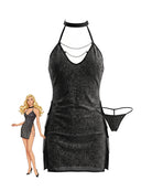 Black glitter halter chain mini dress with V-neck and open back cutouts