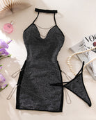 Black glitter halter chain mini dress with V-neck and side tie thong cutouts