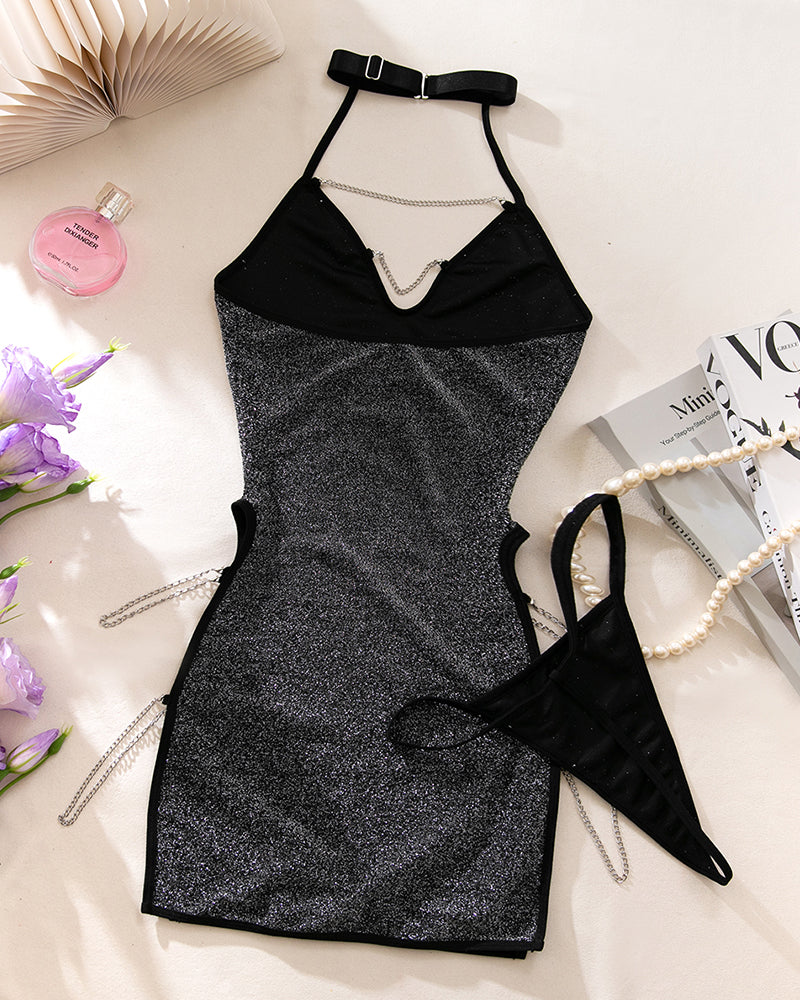 Black glitter halter chain mini dress with V-neck and side tie thong bottom