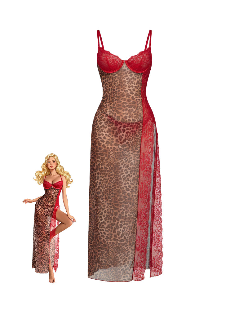 Sheer leopard print maxi slip dress with red lace trim and matching thong