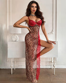 Leopard print sheer maxi slip dress with red lace cups and thigh-high slit