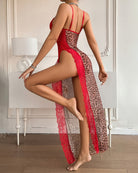 Leopard print sheer maxi slip dress with red lace back panels and halter straps