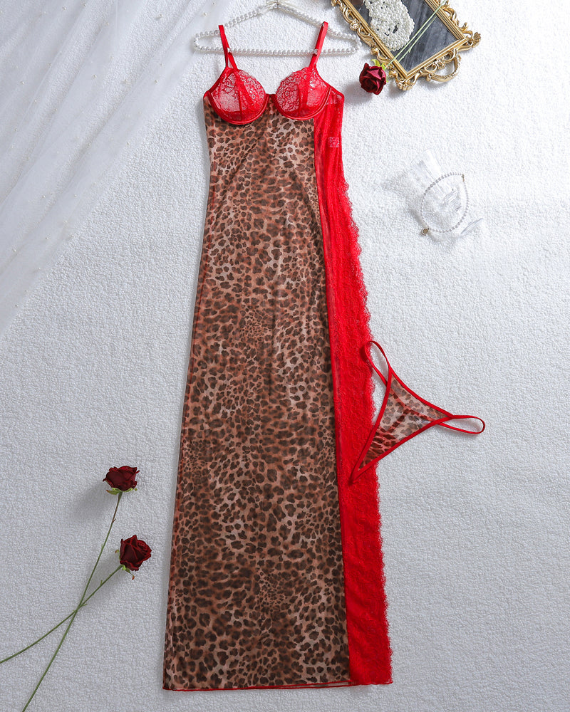 Red leopard print sheer maxi slip dress with lace cups and matching thong set