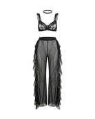 Black sheer ruffle lace bralette with mesh pants, matching set