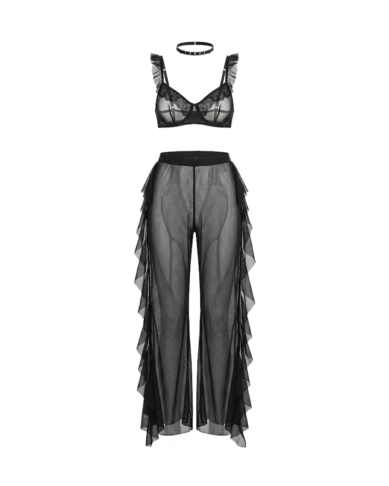 Black sheer ruffle lace bralette with mesh pants, matching set