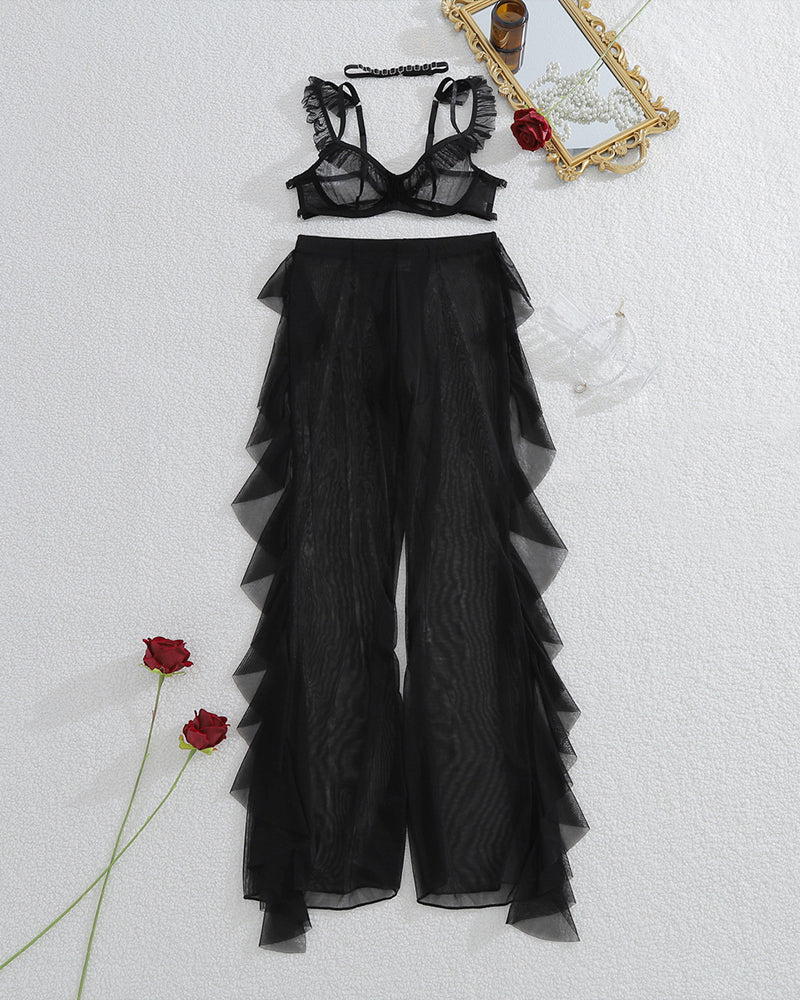 Black mesh pants with layered ruffles and sheer bralette, two-piece lingerie set