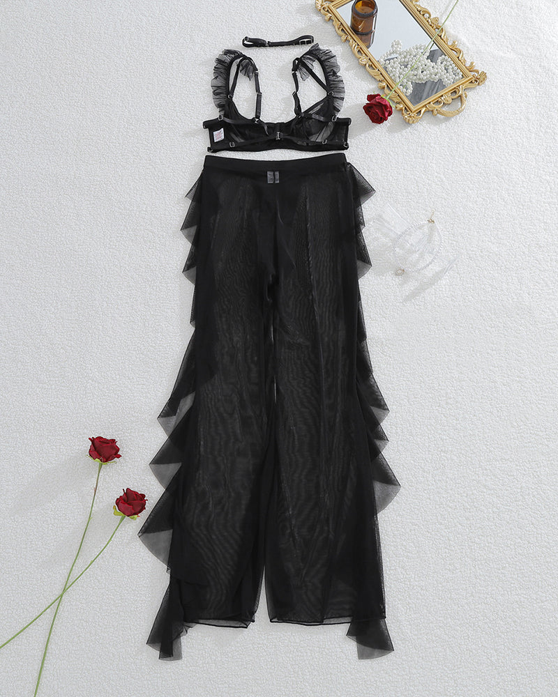 Black sheer bralette and flowing mesh pants with ruffle trim, lingerie set