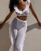 White ruffle-trim bralette with sheer mesh pants and matching choker, lingerie set