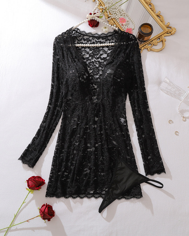 Black floral lace long-sleeve mini dress with V-neck and scalloped hem