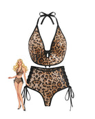 Leopard sequin halter bikini top and lace-up bottoms set, black tie straps