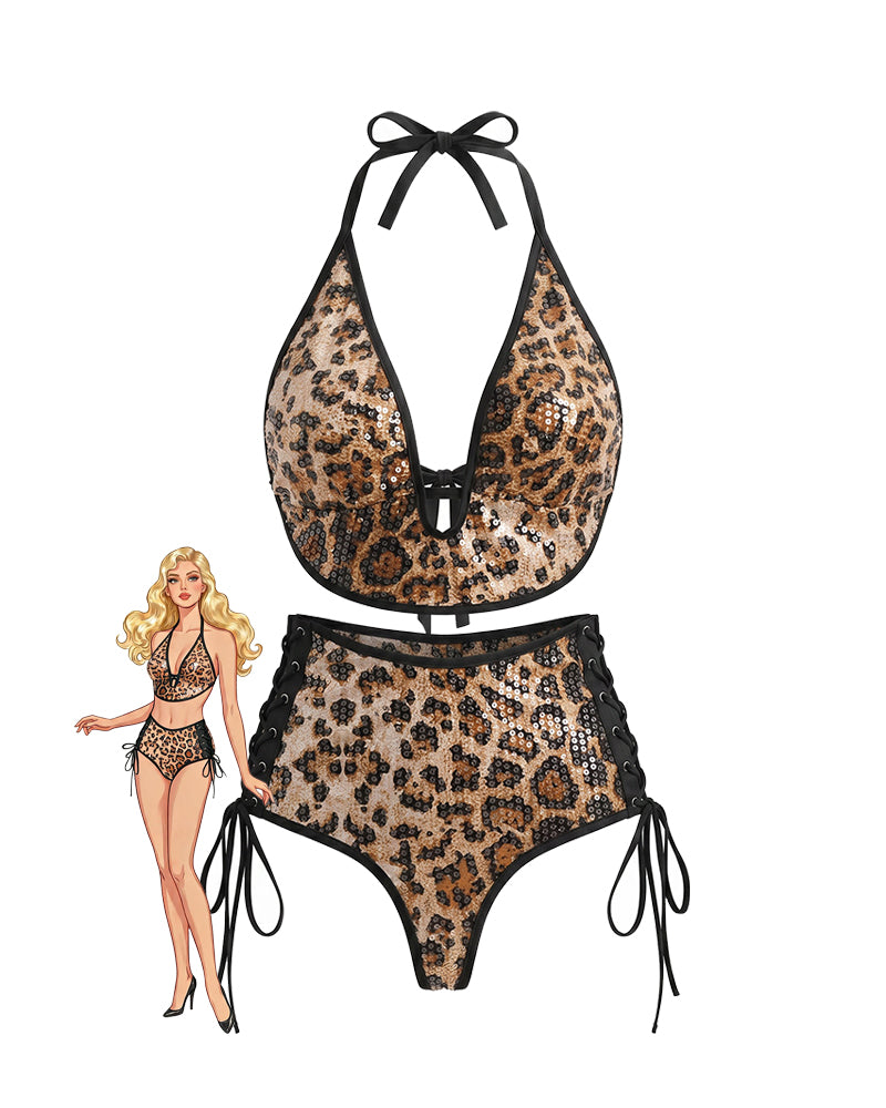 Leopard sequin halter bikini top and lace-up bottoms set, black tie straps