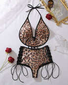 Leopard sequin halter bikini top and high-waist lace-up bottoms set