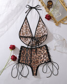 Leopard mesh halter bikini top with V-neck and lace-up high-rise bottoms set