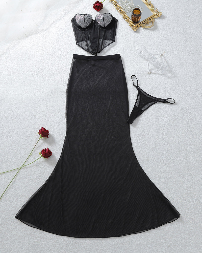 Black mesh mermaid skirt with heart rhinestone corset top and matching thong