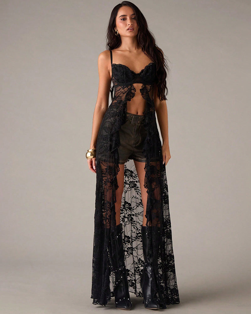 Black lace strapless corset-style sheer maxi lingerie dress with rhinestone details